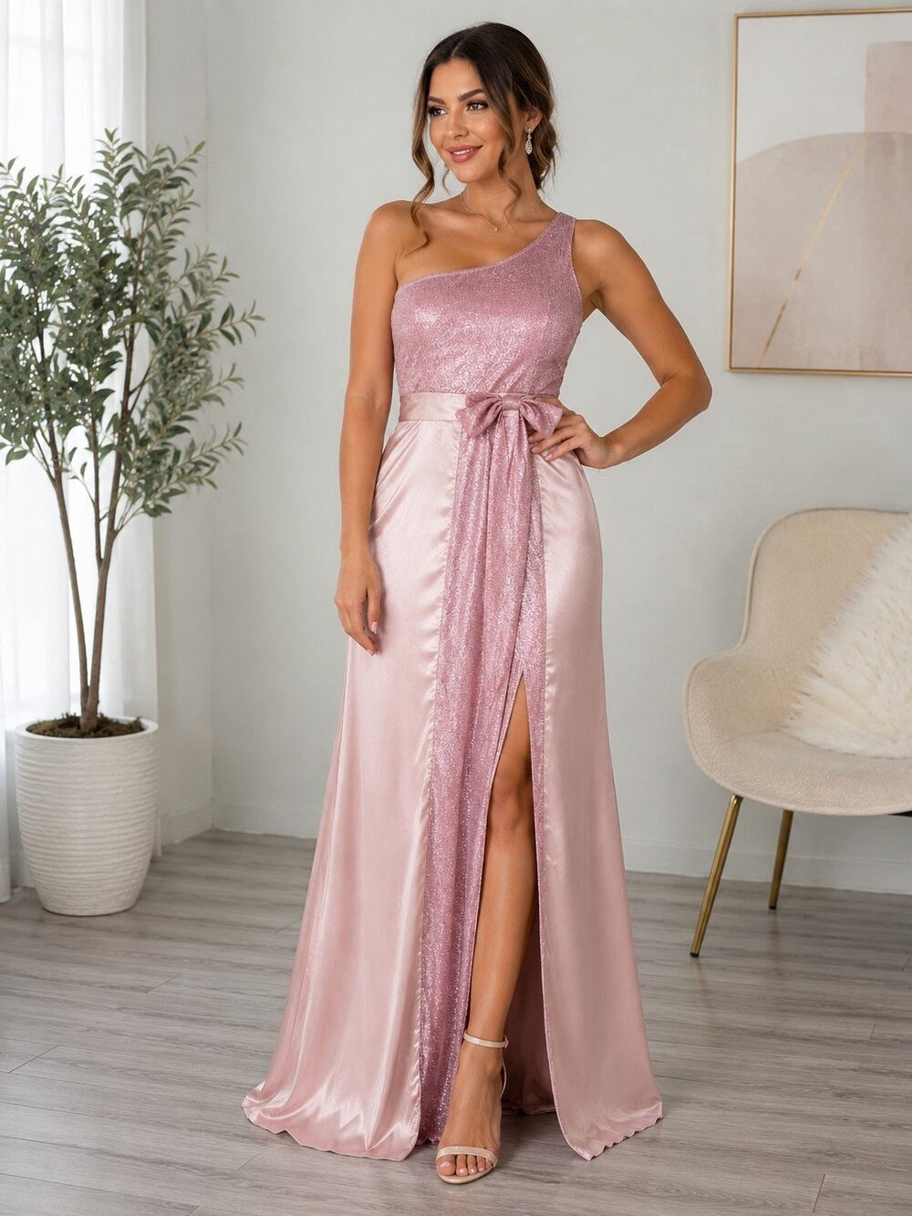 Pink One Shoulder Glitter Satin Prom Gown Size S
